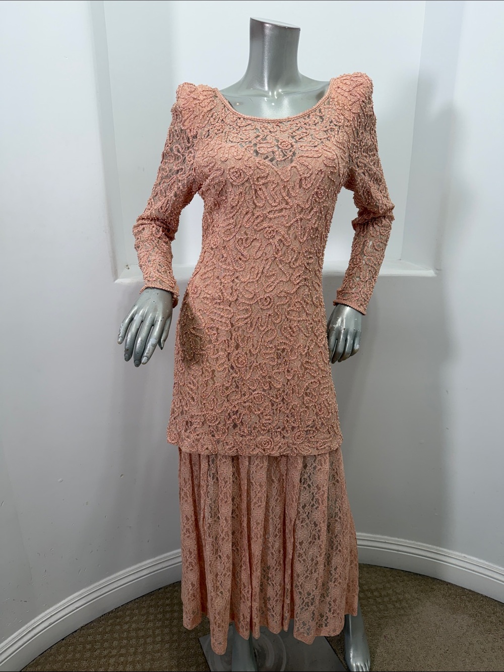 Marie St. Claire Vintage Lace Beaded Long Sleeve Maxi Dress Peach Formal 10
